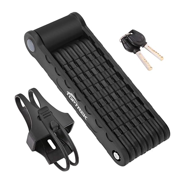 Candado plegable Toptrek medio desplegado, con sus eslabones remachados y el soporte al cuadro